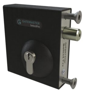 Square exterior gate lock with key cylinder and deadbolt. Black metal casing with fixings bolts and deadbolt sticking out on right side