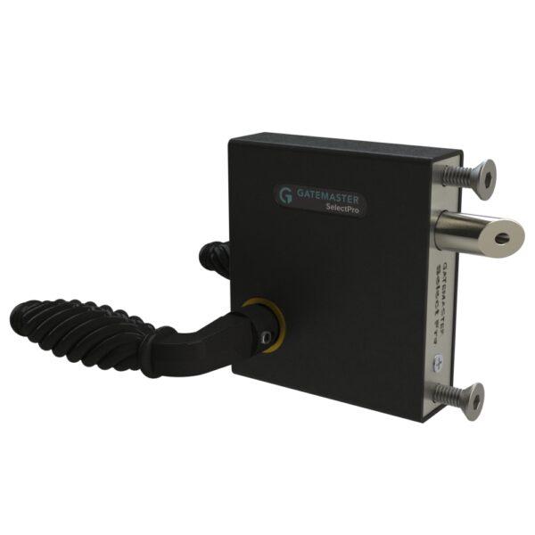 Gate lock with handle-operated latch. Lock has handles with twisted end and latch and fixing bolts on right side