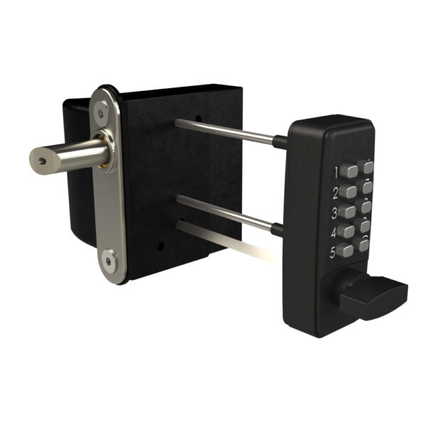 Front sideview of surface fixed gate lock for timber gate. Lock has digital keypad and thumbturn and visible back of push pad