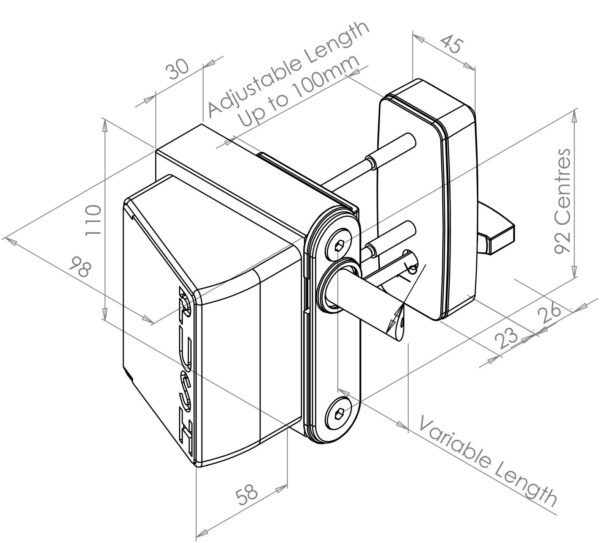 Technical drawing of a push pad exit lock with digital keypad access. Includes measurements for fixing on wooden or metal gates