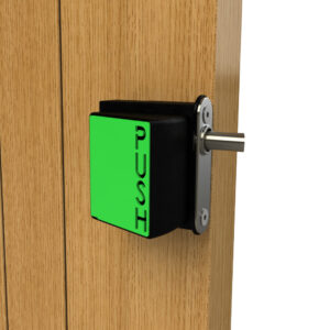 Green panic push pad with the work "PUSH" cut out on right side. Gate lock fixed to wooden gate