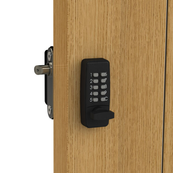 Keypad with thumbturn installed on timber garden gate. Latch visible from back of gate