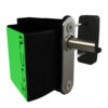 Quick exit push pad lock with latch at front and backside of keypad entrance on right.