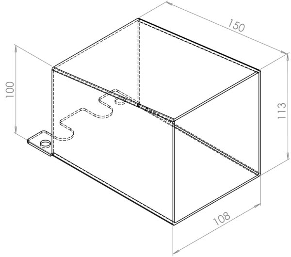 Drawing of lock shroud for quick exit lock. Drawing has dotted lines showing both outside and inside of the shroud