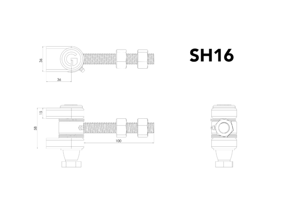 Technical drawing of M16 heavy duty gate hinge with threaded eyebolt and grease point. text in top right corner "SH16"