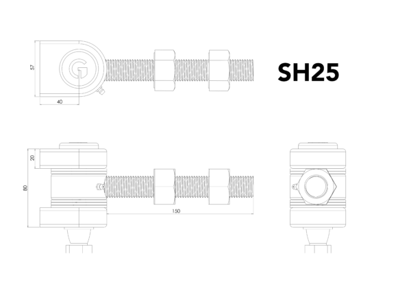 Technical drawing of heavy duty gate hinge showing length and height dimensions. Black text "SH25" in top right corner