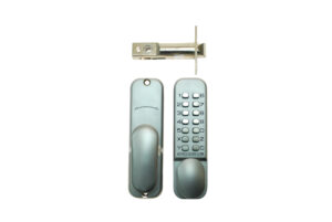 Opened keypad lock with two parts side by side. Left is internal lever handle. Right is 14 button digital keypad lock with thumbturn