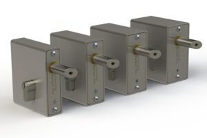 Row of weld in gate locks in different sizes with bolt facing forward