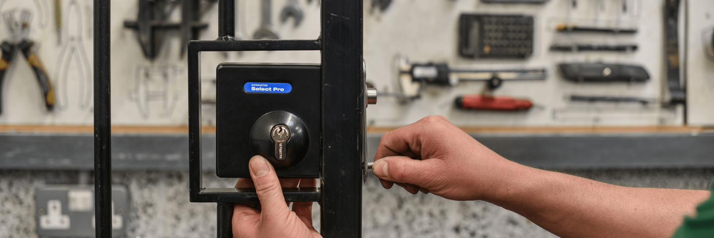 Person installing square metal gate lock with key in box section gate frame. In background, wall with various tools on.