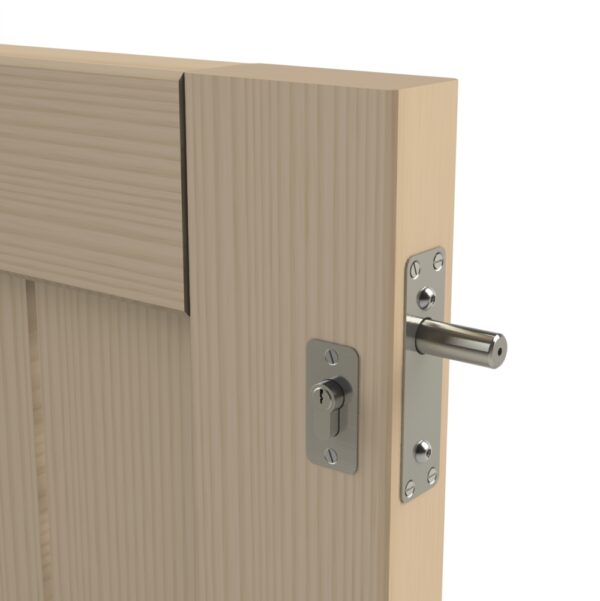 Solid timber gate with morticed key deadlock with visible cylinder and escutcheon of left and deadbolt sticking out of right side