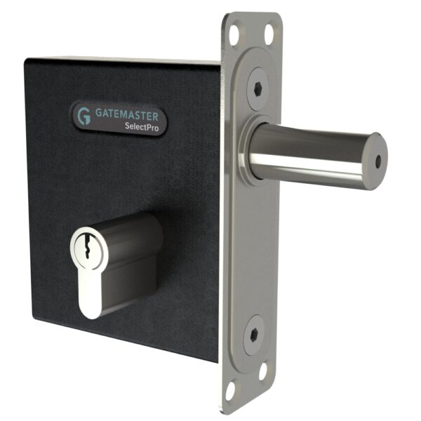 Bolt on deadlock for metal gates. Lock has square plate at front with deadbolt sticking out