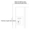 Line drawing of gate and bolted on lock. Text above: "Select Pro Bolt-on locks - meauring the gate frame". Arrow and text "Thickness of gate frame" further down on gate frame