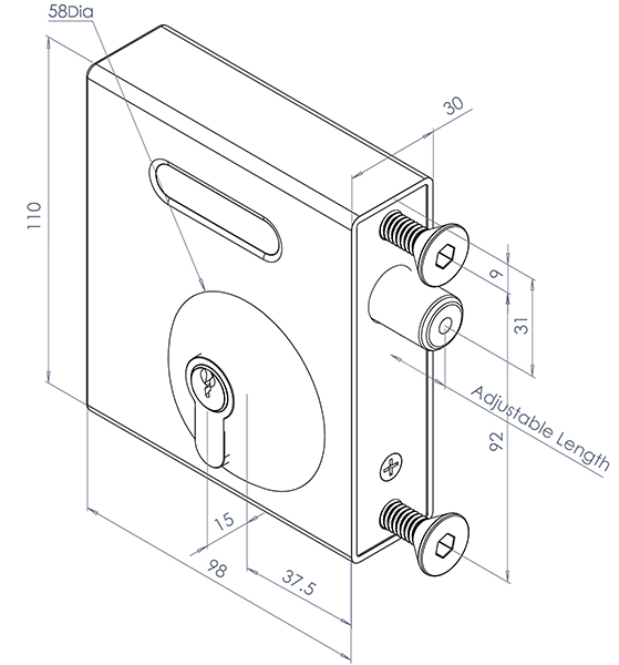 Technical drawing of Select Pro bolt on deadlock with euro cylinder on left side, deadbolt and two fixing bolts on front