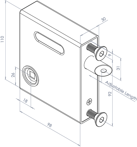 Technical drawing of bolt on latch lock with handle