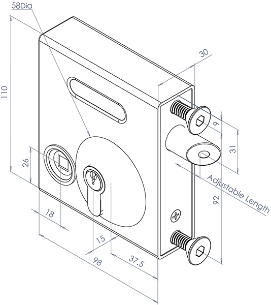 Drawing of measurements of bolt-on Select Pro latching deadlock for outside metal gates
