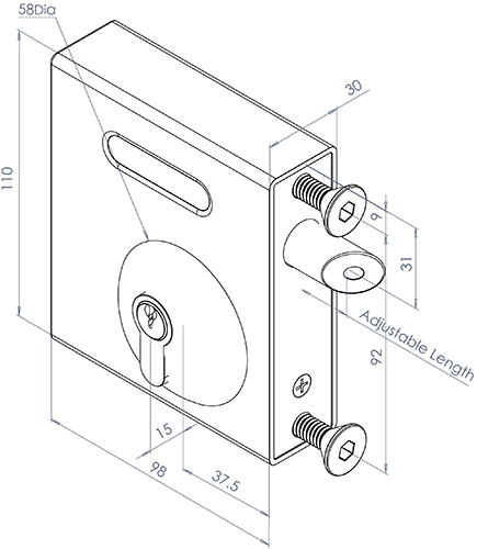 Technical drawing of Select Pro bolt on lock with long throw keylatch