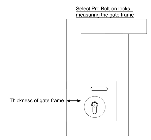 Drawing of simple gate structure with bolt on lock. Top: text "Select Pro Bolt-on locks - meauring the gate frame". Further down on gate: double headed arrow with text "Thickness of gate frame"