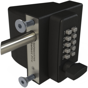 Bolt on metal gate lock with keyless access and quick exit push pad. Keypad with thumb turn opening