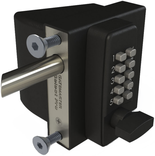 Bolt on metal gate lock with keyless access and quick exit push pad. Keypad with thumb turn opening