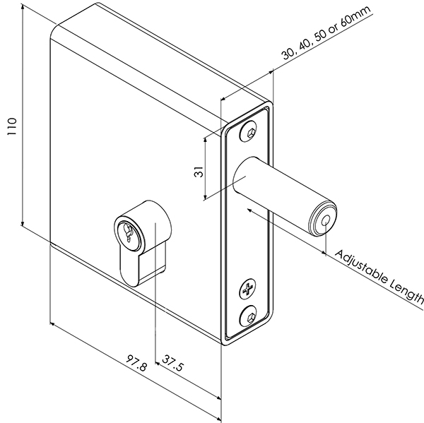 Technical drawing of weld in deadlock with key cylinder and adjustable length deadbolt