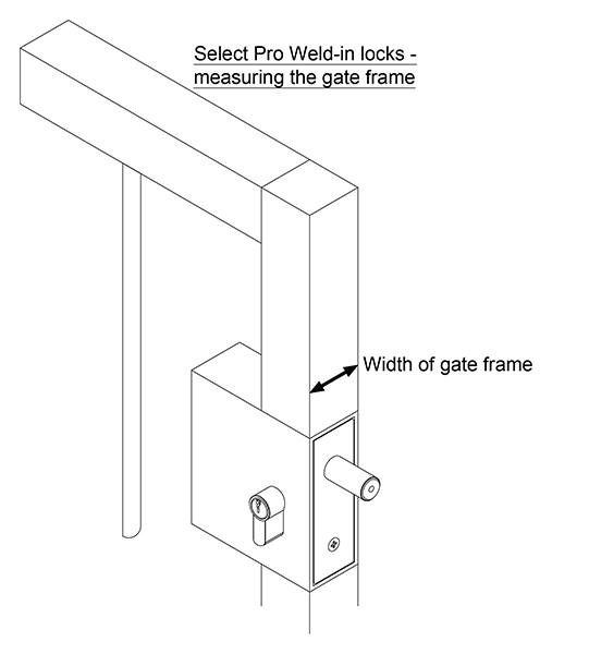 Line drawing of gate and weld in lock. Text above: "Select Pro Weld-in locks - meauring the gate frame". Arrow and text "Thickness of gate frame" further down on gate frame
