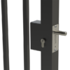 Welded lock fitted in grey metal gate frame. It has a key cylinder on the front and protruding deadlocking bolt to the right