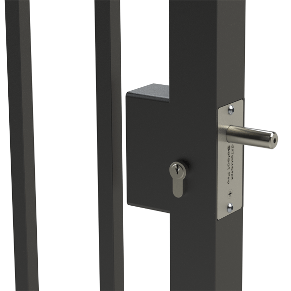 Welded lock fitted in grey metal gate frame. It has a key cylinder on the front and protruding deadlocking bolt to the right