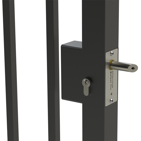 Welded in keylatch lock in metal gate frame. Key cylinder on left side of gate and key latch on right of gate frame