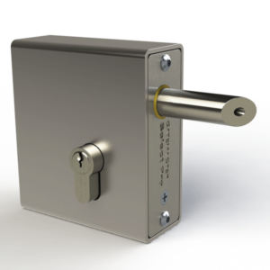 Weld in steel lock with key cylinder and latching bolt