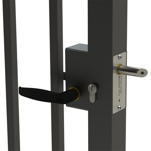 Welded lock fitted in grey gate frame. Key cylinder and handle on front on gate. Latching deadlock on the right
