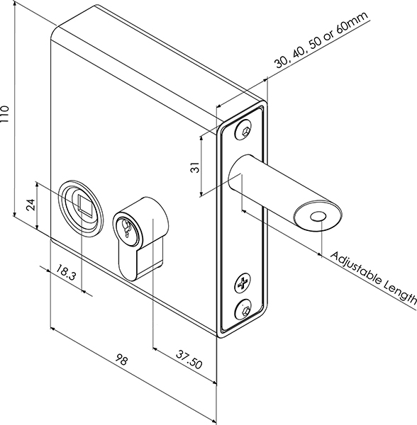 Technical drawing of a weld in latch deadlock with key cylinder and room for handles including measurements