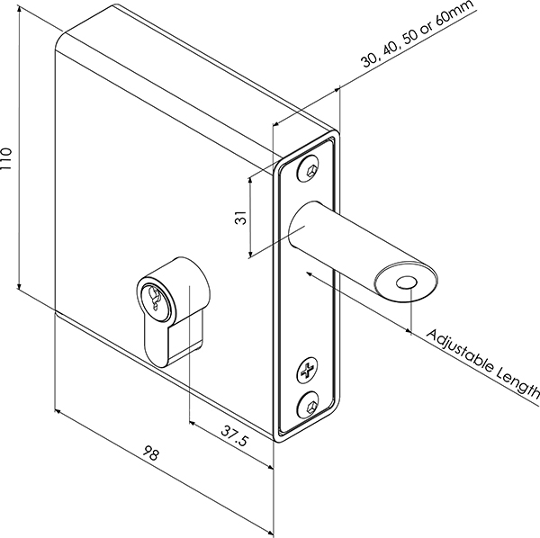 Technical drawing of Select Pro weld in long throw keylatch with dimensions