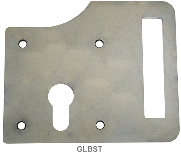 Metal slotted lock plate with cylinder hole and four small holes surrounding the edge. Long rectangular slot on right side. Text below saying "GLBST"