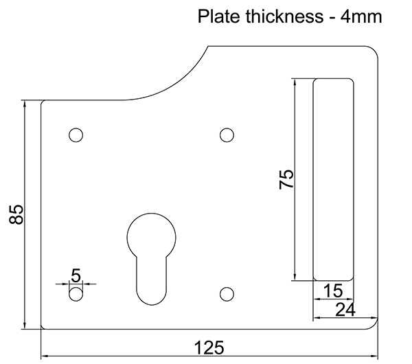 Technical drawing of slotted lockplate with fixing bolt holes and cut out for cylinder