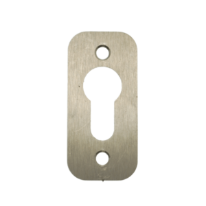 Square stainless steel escutcheon with key cylinder hole cut out and two holes above and below it