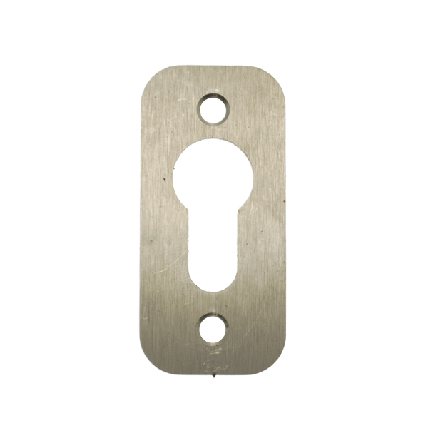 Square stainless steel escutcheon with key cylinder hole cut out and two holes above and below it
