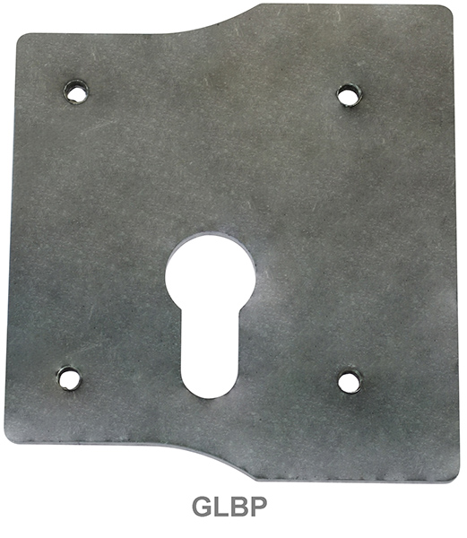 Steel keep plate with cut out cylinder hole and four smaller holes in each corner of the plate