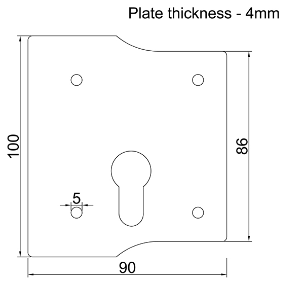 Dimensions of standard locking plate for the gate locking bolt. Plate has one hole in each corner and cutout for key cylinder in bottom middle