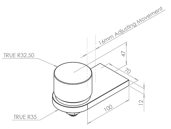 Technical drawing of stop hinge with bottom pivot.