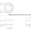 Technical drawing of stop hinge with bottom pivot. Text reads "Adjustment between 85 mm and 105 mm centres"