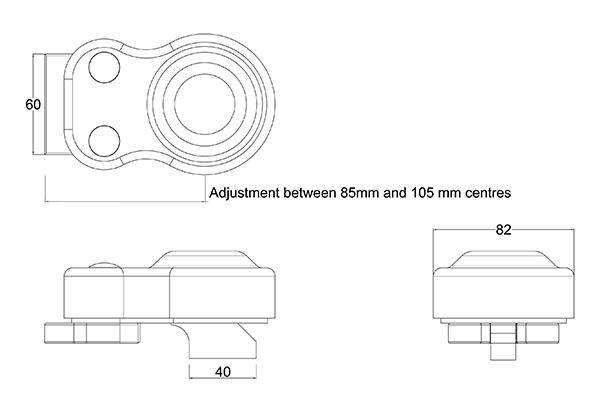 Technical drawing of stop hinge with bottom pivot. Text reads "Adjustment between 85 mm and 105 mm centres"