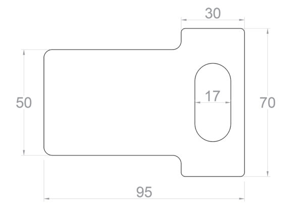 Technical drawing of strike plate with oval cutout on right hand side