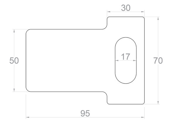 Technical drawing of strike plate with oval cutout on right hand side