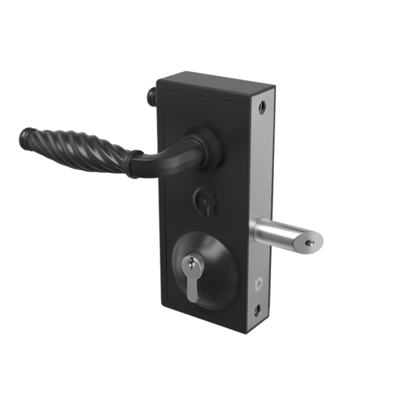 Gatemaster Superlock latch deadlock with traditional handles with twisted end. Lock has latching deadlock on right side