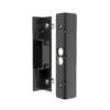 Black metal two part keep with right part with two holes for latch bolt. Left part has integrated rubber stops