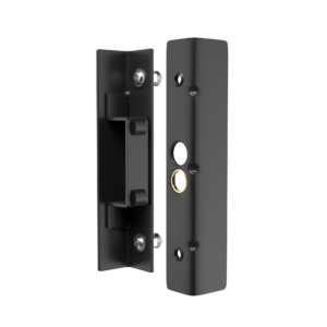 Black metal two part keep with right part with two holes for latch bolt. Left part has integrated rubber stops