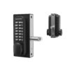 Digital gate lock with 14 button keypad on both sides. Front lock only showing one side of keypad. To the right, sideview showing both keypads and front of latch