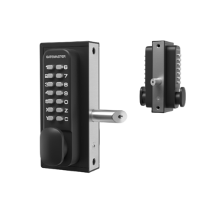 Digital gate lock with 14 button keypad on both sides. Front lock only showing one side of keypad. To the right, sideview showing both keypads and front of latch