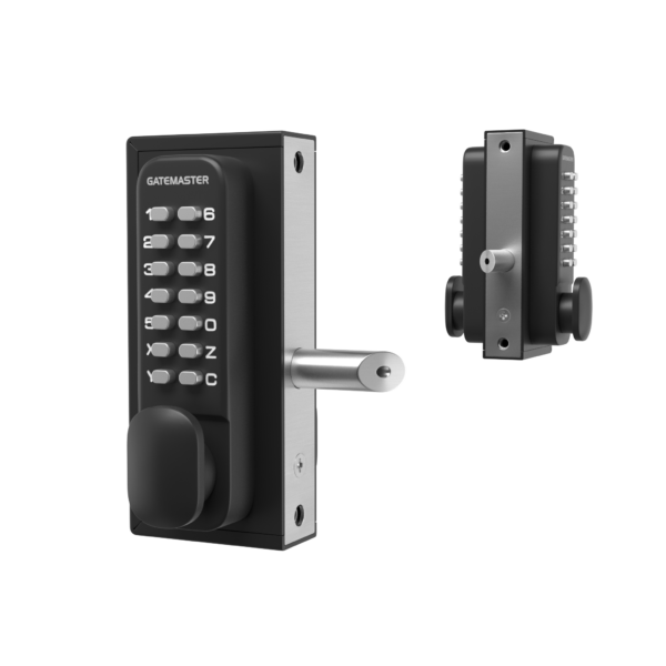 Digital gate lock with 14 button keypad on both sides. Front lock only showing one side of keypad. To the right, sideview showing both keypads and front of latch
