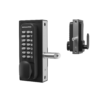 Two perspectives of same bolt-on lock. In middle: 14 button keypad and thumb turn handle. Top right: side view of keypad and internal lever handle